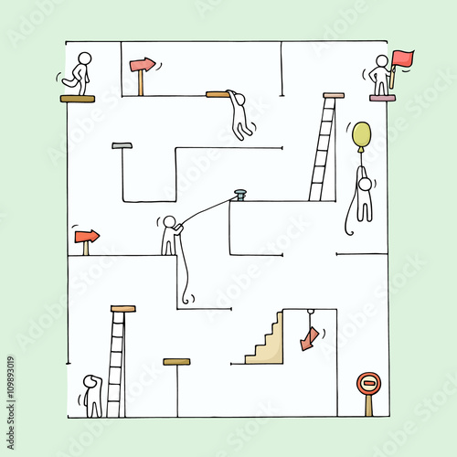 Sketch of little people with labyrinth. Doodle cute miniature challenge for team and goal. Hand drawn cartoon vector illustration for business design and concepts.