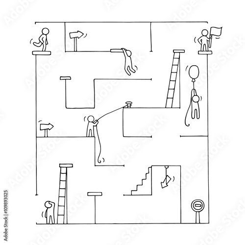 Sketch of little people with labyrinth.