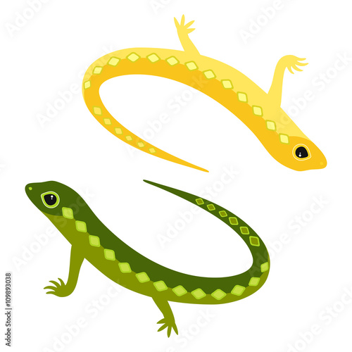 Decorative funny yellow and green lizard on a white background.