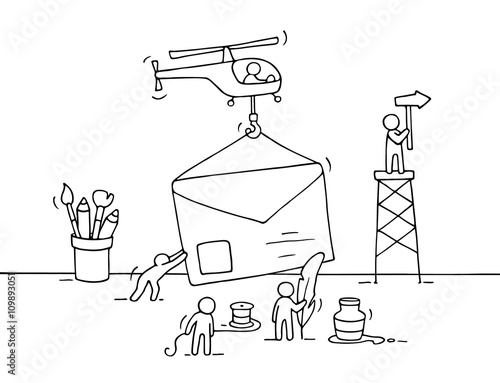 Sketch of working little people with letter, teamwork. Doodle cute miniature scene of workers preparing for the sending letter. Hand drawn cartoon vector illustration for business design.