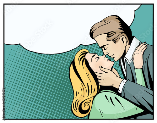Pop art beautiful woman and man kissing.