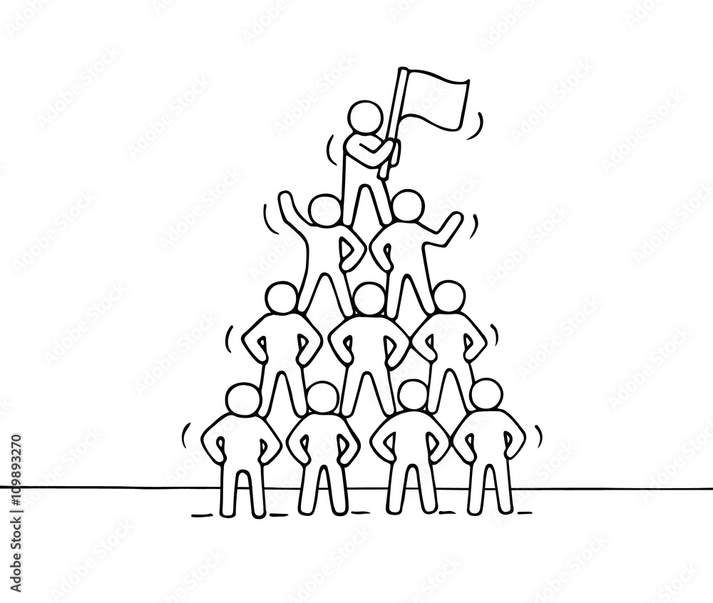 Sketch of pyramid with working little people. Doodle cute miniature teamwork and partnership. Hand drawn cartoon vector illustration for business design and infographic.