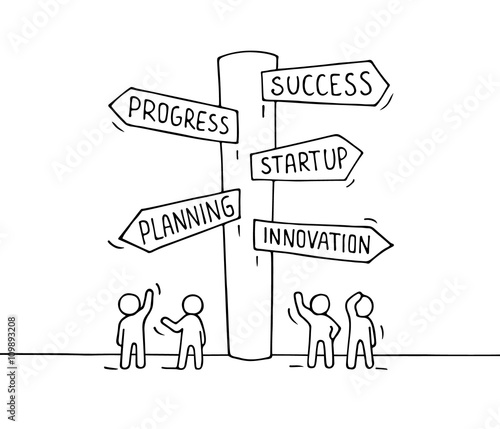 Sketch of working people with road sign. Doodle miniature of signpost. Hand drawn cartoon vector for business design.