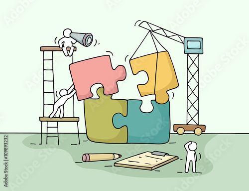 Sketch of working little people with puzzle, teamwork. Doodle cute miniature scene of workers collect puzzle pieces. Hand drawn cartoon vector illustration for business design and infographic.