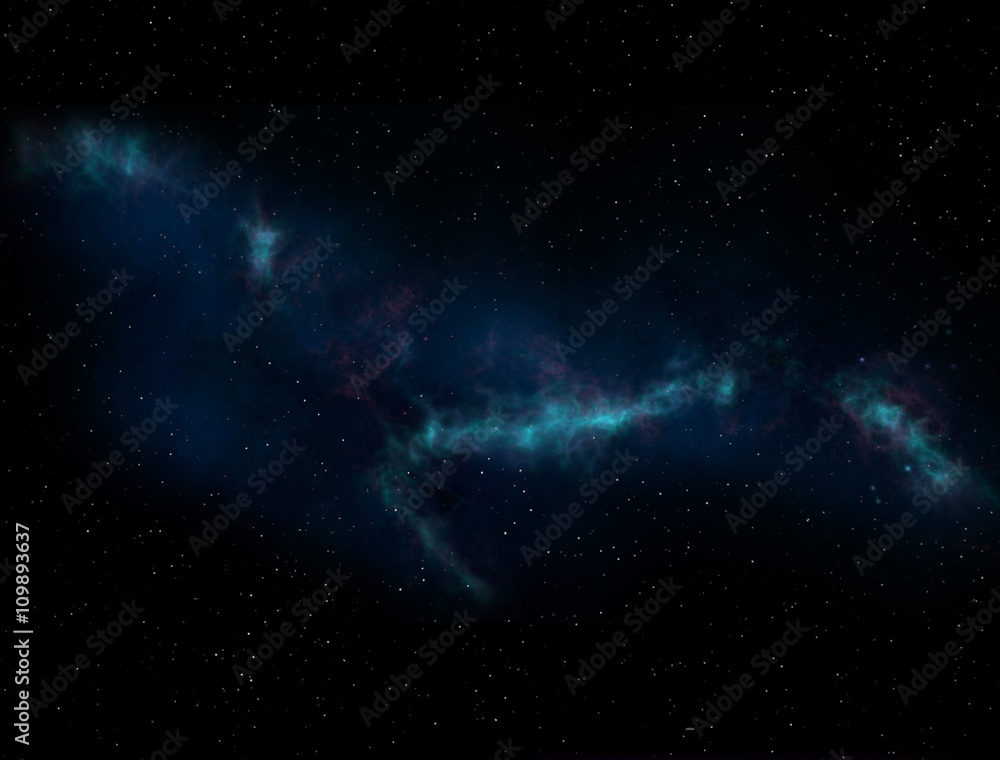 Naklejka Blue Nebula in dark deep Space. Background with galaxy, stars and planets