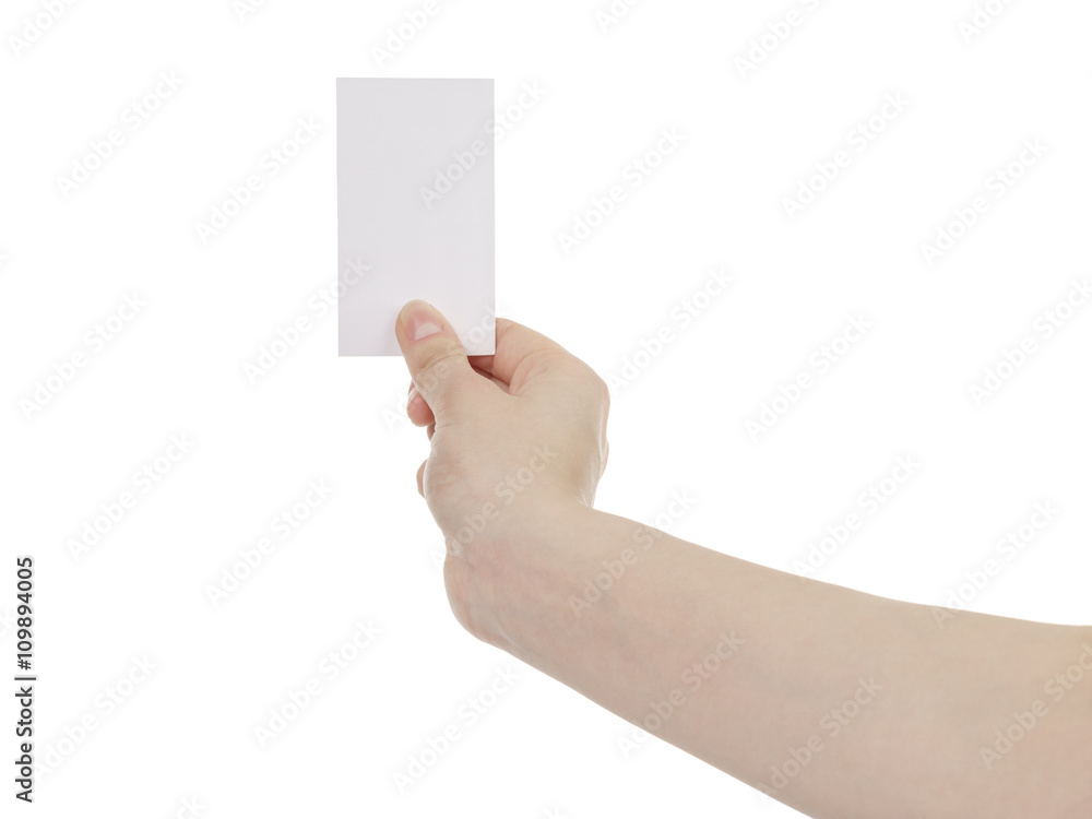 young woman hand hold and showing empty paper card, isolated on white background young woman hand hold and showing empty paper card, isolated on white background