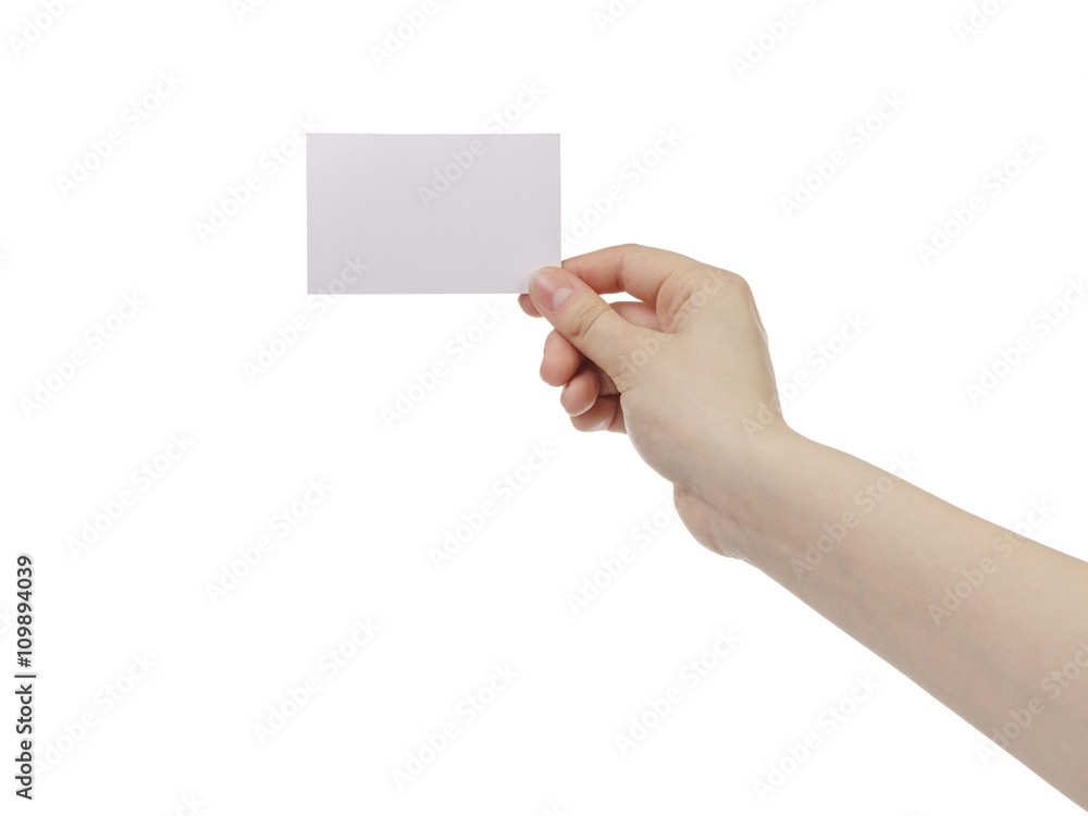 young woman hand hold and showing empty paper card, isolated on white background young woman hand hold and showing empty paper card, isolated on white background