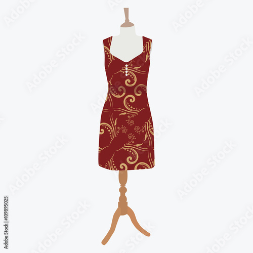 Vector illustration elegant cocktail, evening woman dresses on mannequin for boutique. Red, bordo dress with  pattern photo