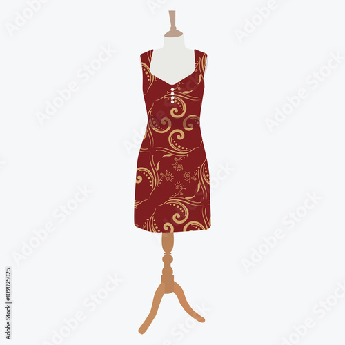 Vector illustration elegant cocktail, evening woman dresses on mannequin for boutique. Red, bordo dress with  pattern