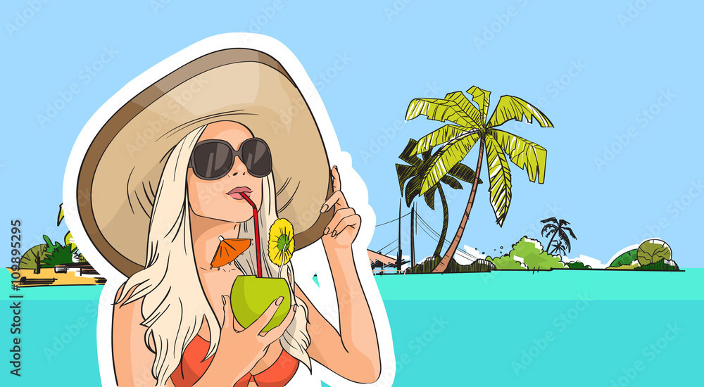 Woman Hat Sunglasses Drink Coconut Cocktail Beach Tropical Island 