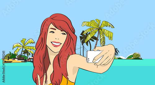 Girl Take Selfie Photo Beach Sea Shore On Cell Smart Phone Tropical Summer Vacation