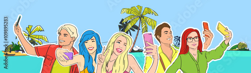 People Group Take Selfie Photo Beach Cell Smart Phone
