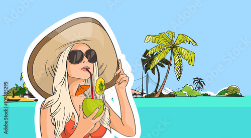 Woman Hat Sunglasses Drink Coconut Cocktail Beach Tropical Island 