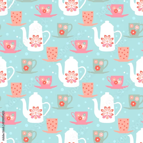 Tapety Retro bezszwowe wektor wzór z czajniki, kubki do herbaty i filiżanki kawy