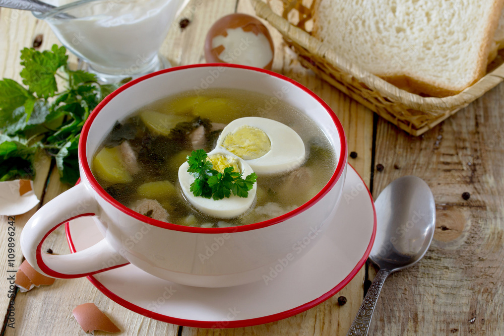 Soup of young nettle with eggs, selective focus. Space for your Soup of young nettle with eggs, selective focus. Space for your