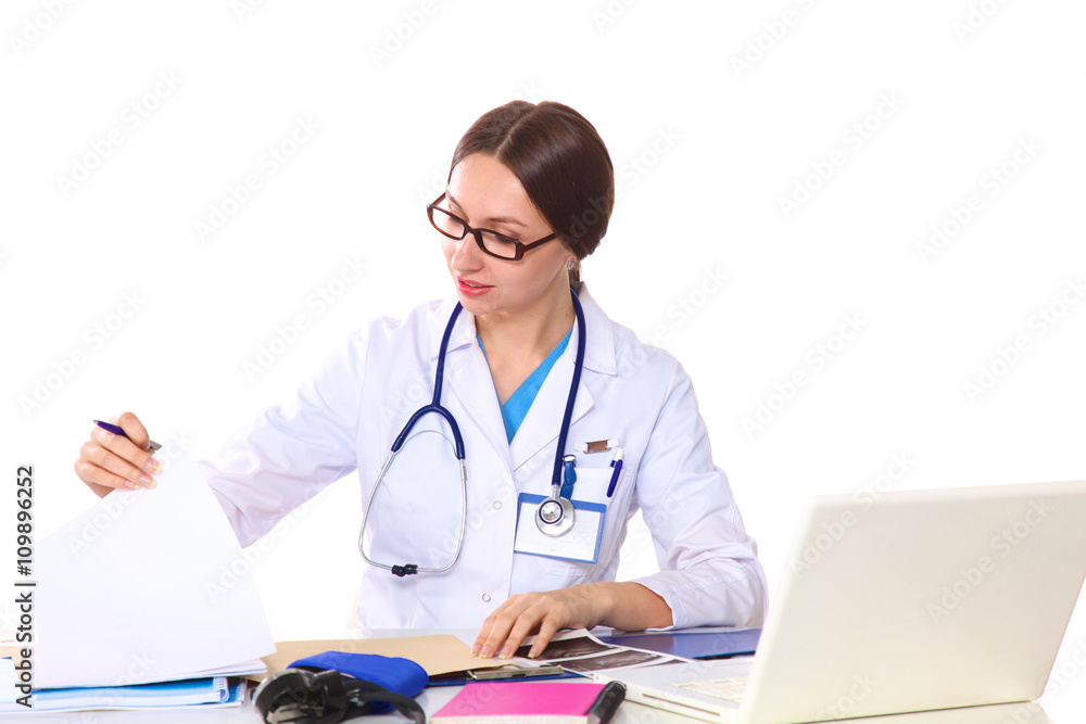 Happy smiling young beautiful female doctor showing blank area for sign or copyspace, isolated over white background Happy smiling young beautiful female doctor showing blank area for sign or copyspace, isolated over white background