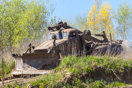 soviet military bulldozer drives on track 