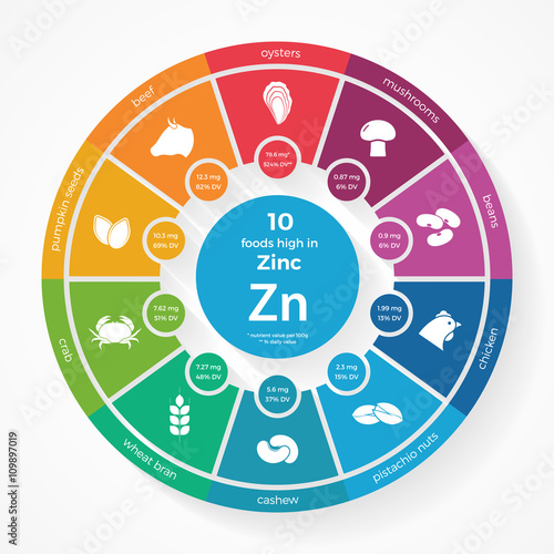 10 foods high in Zinc. Nutrition infographics. Healthy lifestyle and diet vector illustration with food icons.