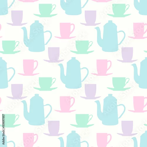 Tapety Vintage bezszwowe wektor wzór z czajniki, kubki do herbaty i filiżanki kawy