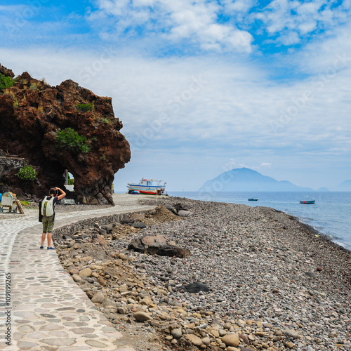 Alicudi island shore with Filicudi on the background, Sicily.
