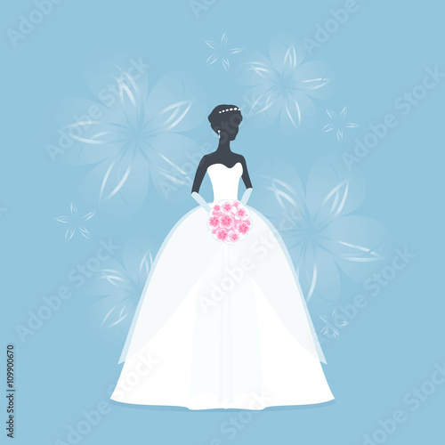 Beautiful Bride holding a flower bouquet. Princess silhouette with shadow. Female White wedding dress on mannequin on Blue flower background. Vector