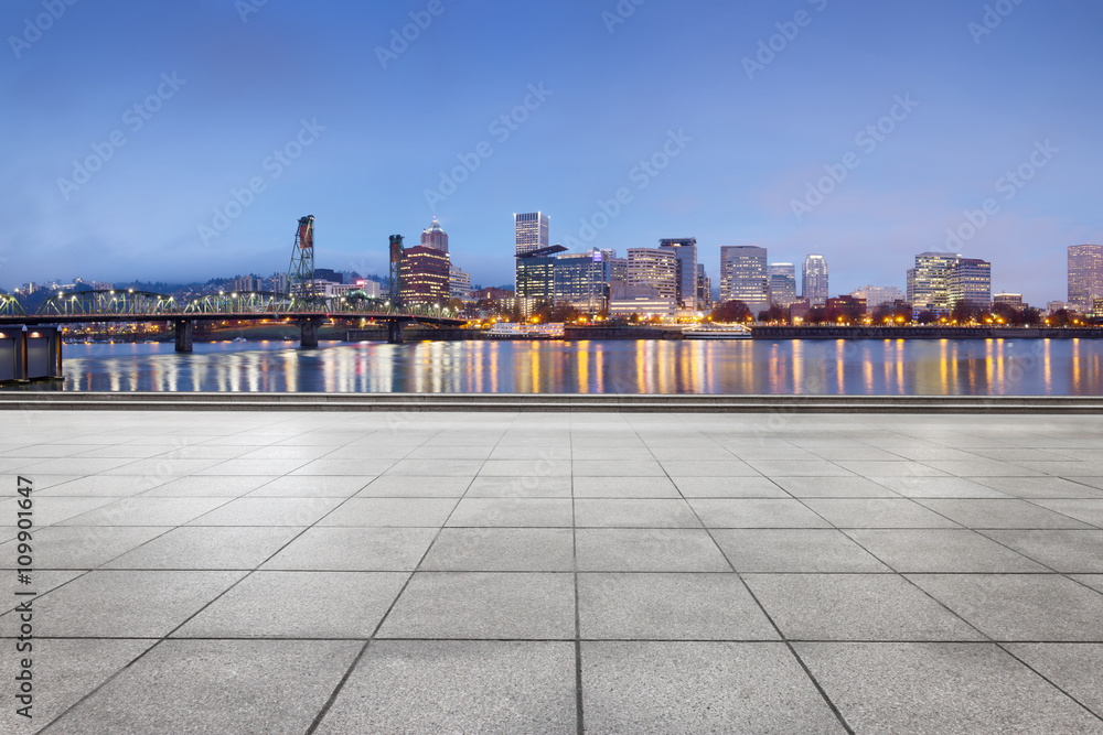 empty marble floor with cityscape and skyline of portland
