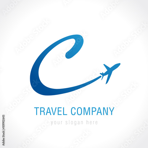 C travel company logo. C letter with airline and plane vector design template