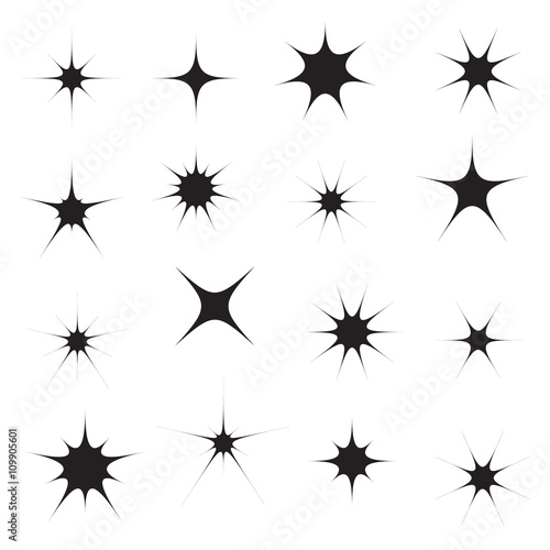 Sparkles symbols  icons set  black isolated on white background  vector illustration.