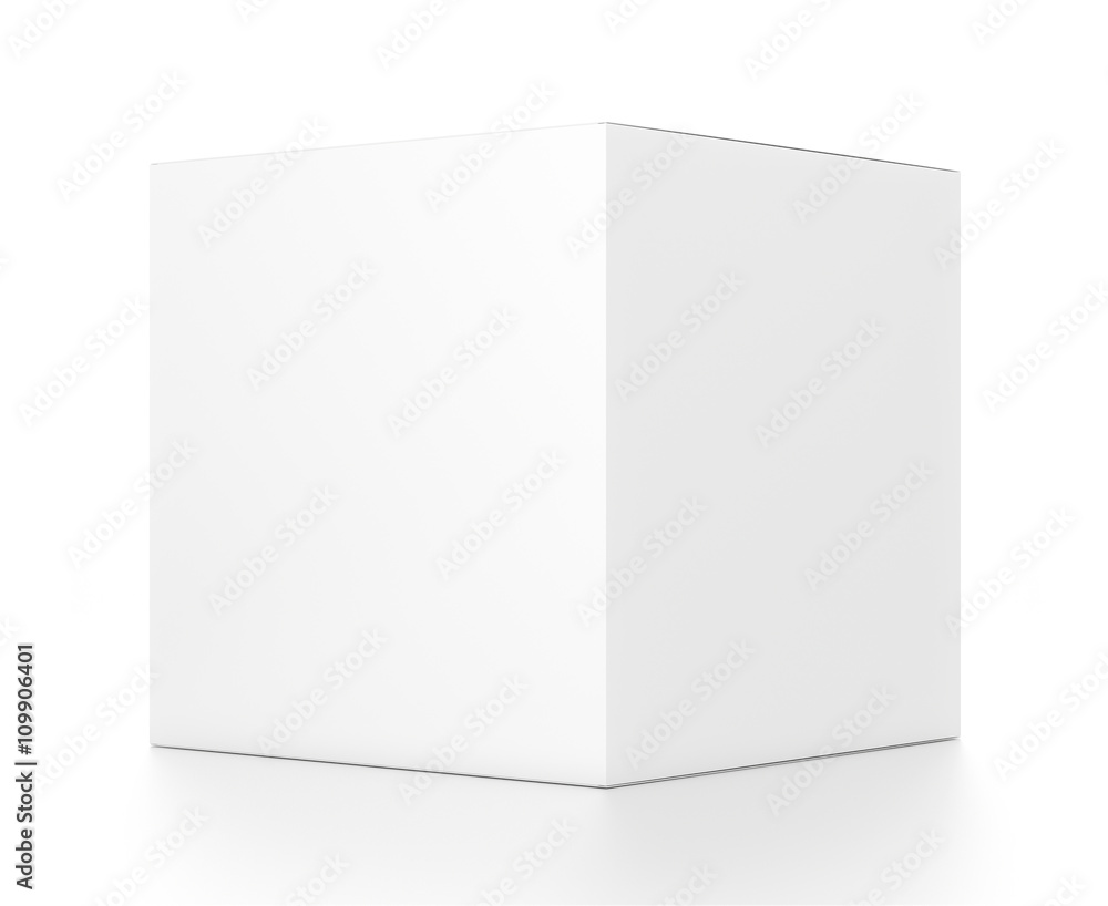 White cube blank box from side angle. 3D illustration isolated on white background. White cube blank box from side angle. 3D illustration isolated on white background.