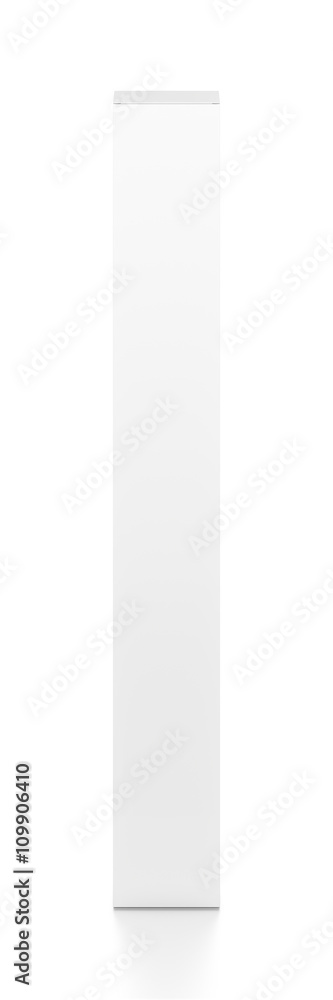 White tall thin vertical rectangle blank box from top front angle. 3D illustration isolated on white background. White tall thin vertical rectangle blank box from top front angle. 3D illustration isolated on white background.