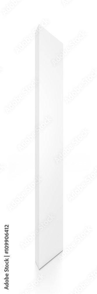 White tall thin vertical rectangle blank box from front side angle. 3D illustration isolated on white background.
