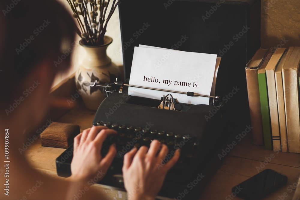 © vectorfusionart - Hello, my name is against young woman using typewriter © vectorfusionart - Hello, my name is against young woman using typewriter