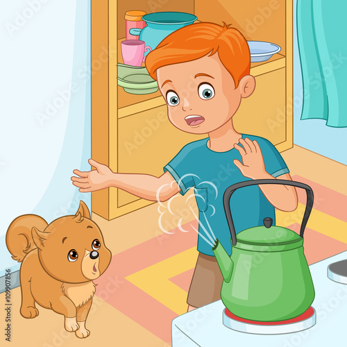 Young boy being wary of hot kettle. Vector illustration.