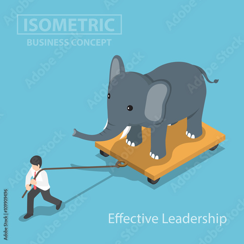 Isometic businessman pull elephant that standing on cart