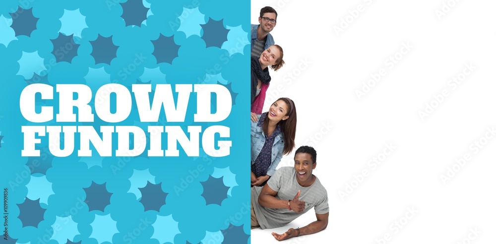 Obraz premium Composite image of portrait of four happy young friends with bla