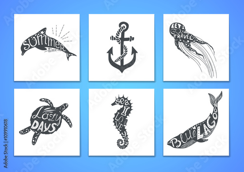 Hand drawn vector illustration - Marine kit. Graphic elements fo