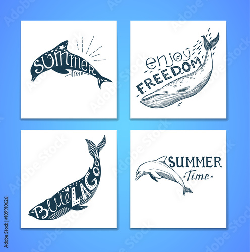 Hand drawn vector illustration - Marine kit. Graphic elements fo