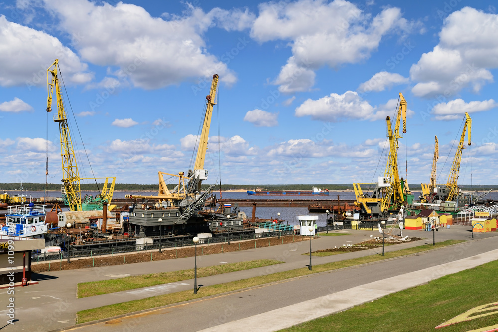 Cheboksary, a river port. Port cranes for loading work