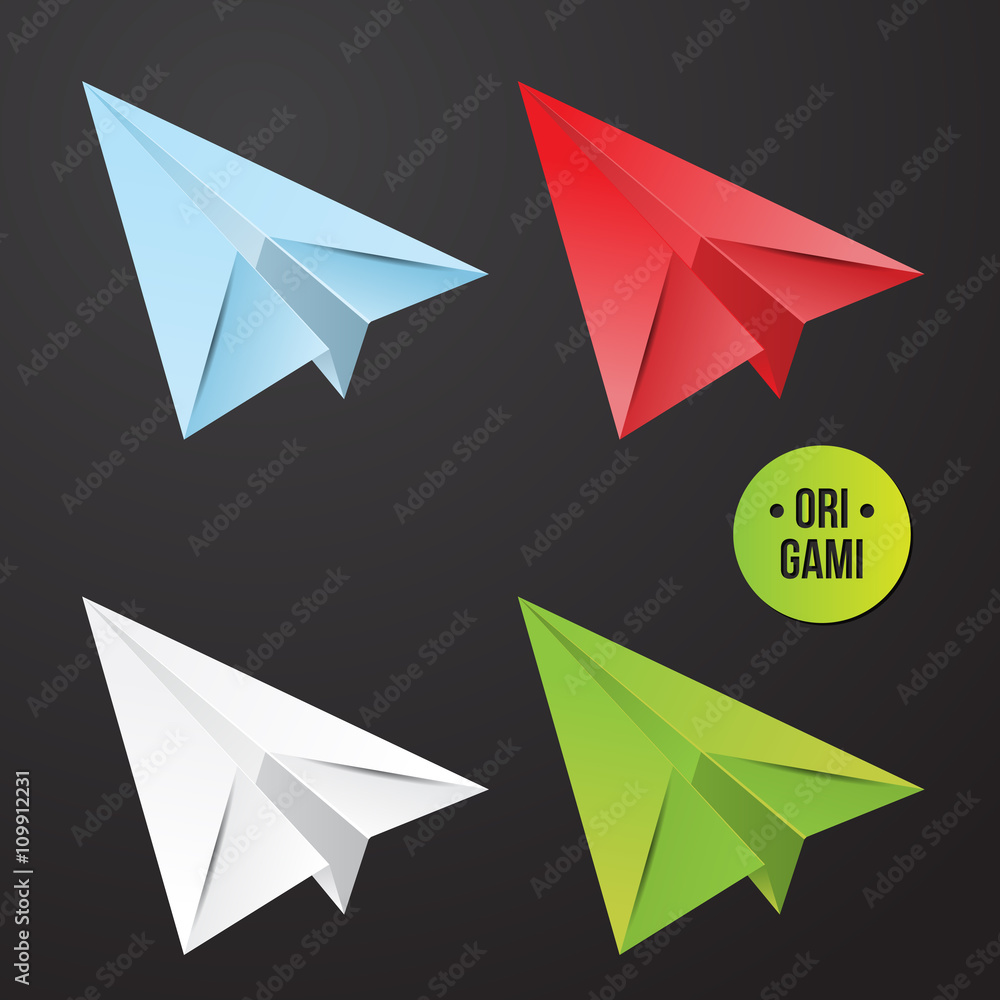 Vector paper origami plane icon. Colorful origamy set. Paper design for your identity. - obrazy, fototapety, plakaty 