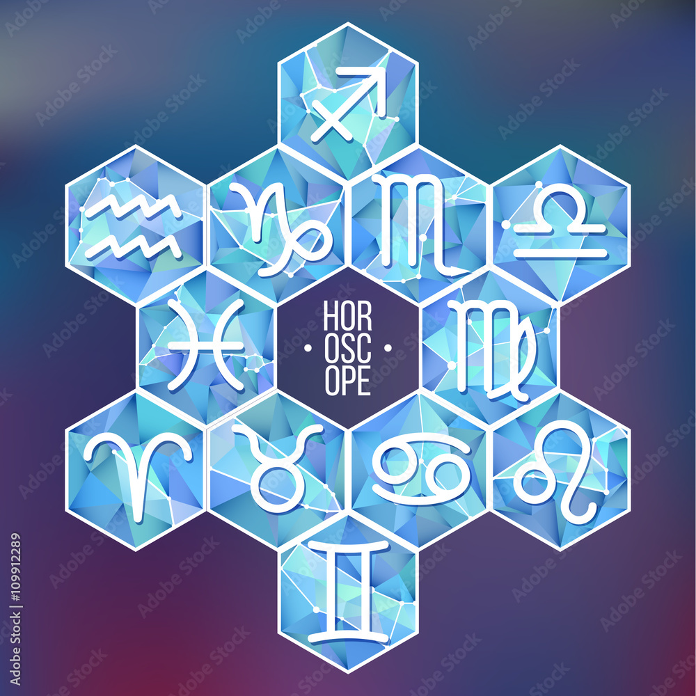 Zodiac signs and constellation into hexagonal frames on low poly background