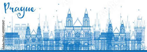 Outline Prague skyline with blue landmarks.