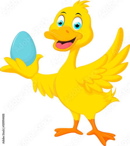 Cute duck holding blue egg