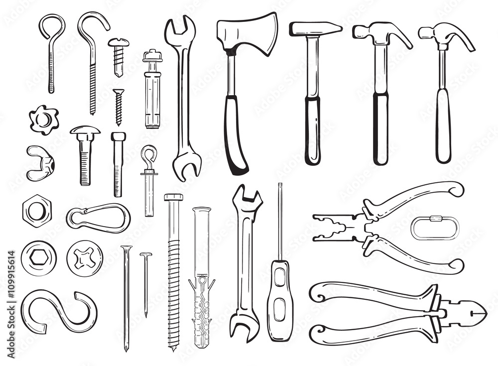 Vector set of hand-drawn construction tools and fasteners - screws, nails, carabiners, nuts and bolts. Set of elements for design brochures, templates, web design building subjects. Vector set of hand-drawn construction tools and fasteners - screws, nails, carabiners, nuts and bolts. Set of elements for design brochures, templates, web design building subjects.