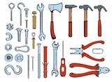 Vector set of hand-drawn construction tools and fasteners - screws, nails, carabiners, nuts and bolts. Set of elements for design brochures, templates, web design building subjects.