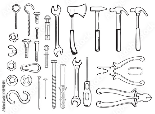Vector set of hand-drawn construction tools and fasteners - screws, nails, carabiners, nuts and bolts. Set of elements for design brochures, templates, web design building subjects.