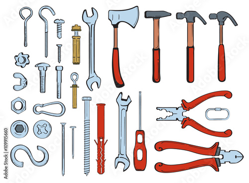 Vector set of hand-drawn construction tools and fasteners - screws, nails, carabiners, nuts and bolts. Set of elements for design brochures, templates, web design building subjects.