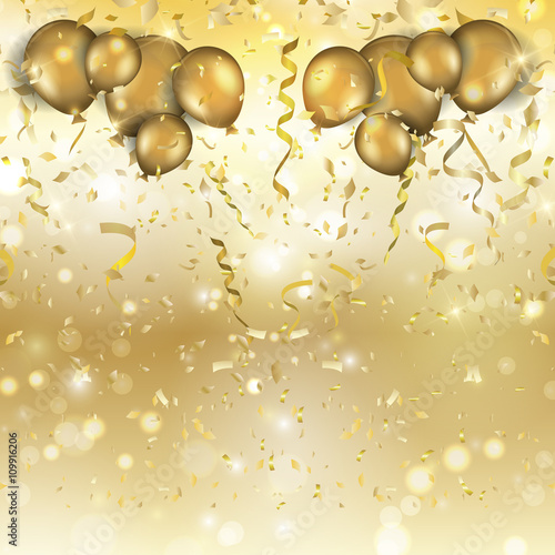 Gold balloons and confetti background