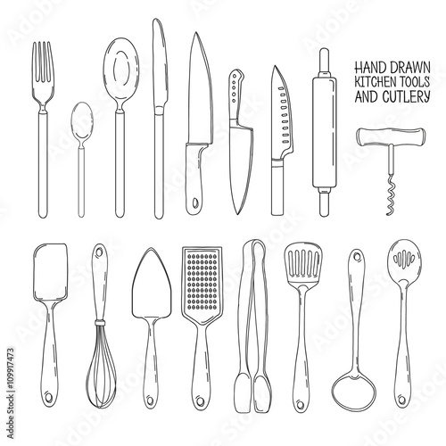 A set of cutlery. Cutlery spoon, fork, blender, knives. Cutlery for cooking. A set of cutlery for serving. Line set of kitchen cutlery. Vector