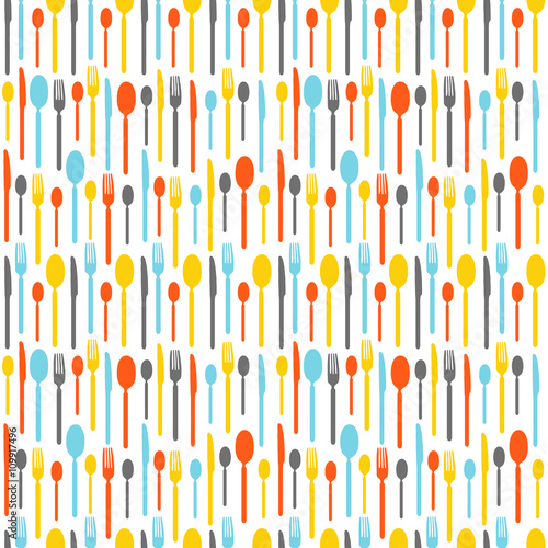 Colorful seamless pattern with silhouettes of cutlery. Wallpaper with colored silhouettes of cutlery. Silhouettes fork, knife, teaspoon, tablespoon. Vector