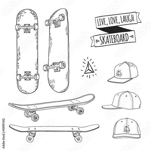 Set of black and white skateboards and caps. For labels, logos, icons. Attributes of skateboarding. Skate set with caps. Skate set for print and sticker. Skateboard style. Vector